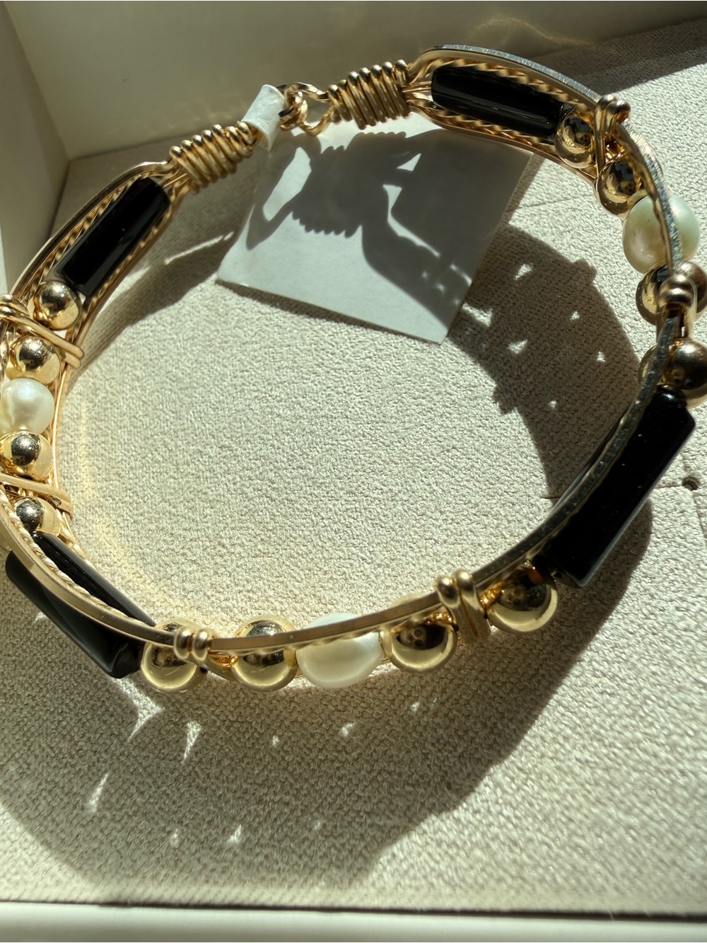 RONALDO- Gold Bracelet with Black Onyx Bars and Pearl Accents - Picture 4 of 4